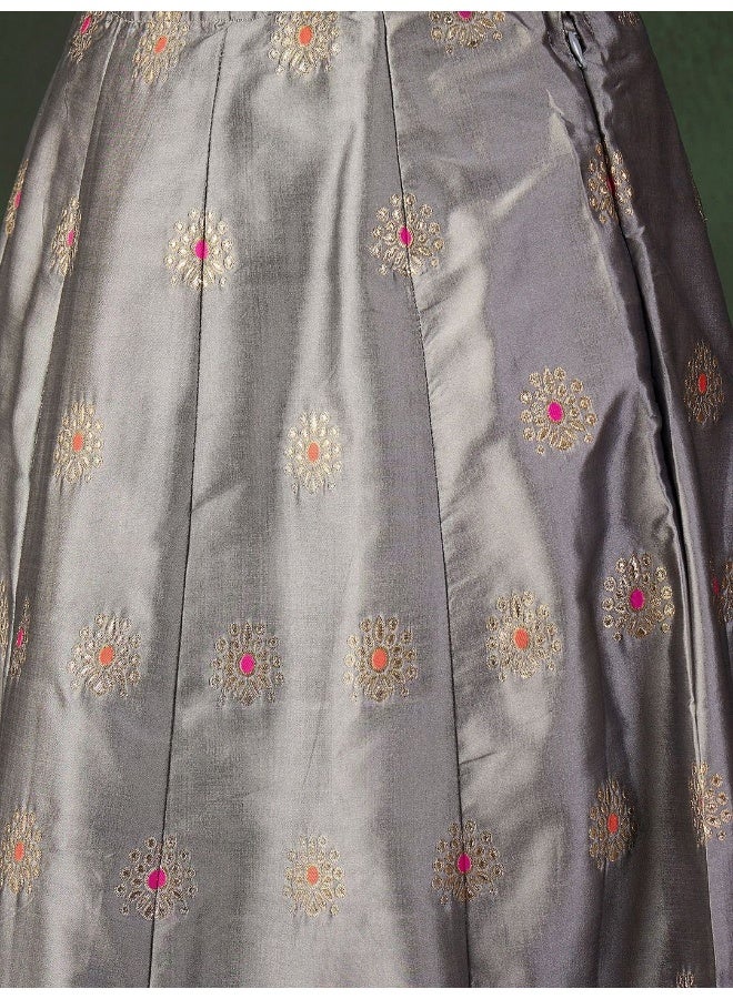 AKS Grey And Orange Jacquard Lehenga Choli With ContrastDupatta  - Image 3