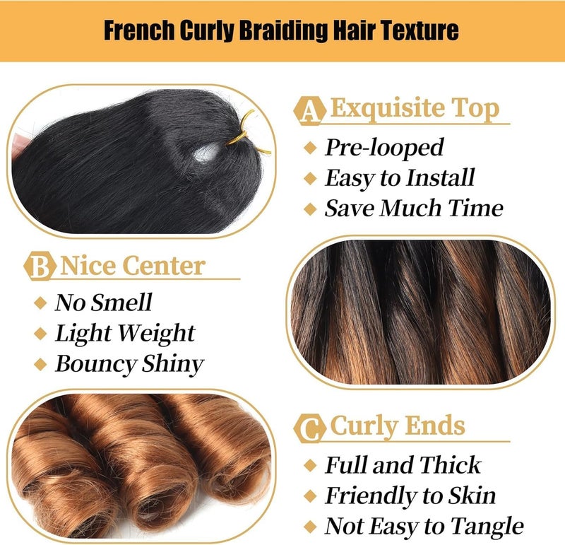 datanala French Curly Braiding Hair 14 Inch 8Pack/lot Loose Wavy Spiral Curl Braids Crochet Hair Deep Wave Synthetic Extensions Pre Stretched Bouncy (1B/30/27#) - Image 4