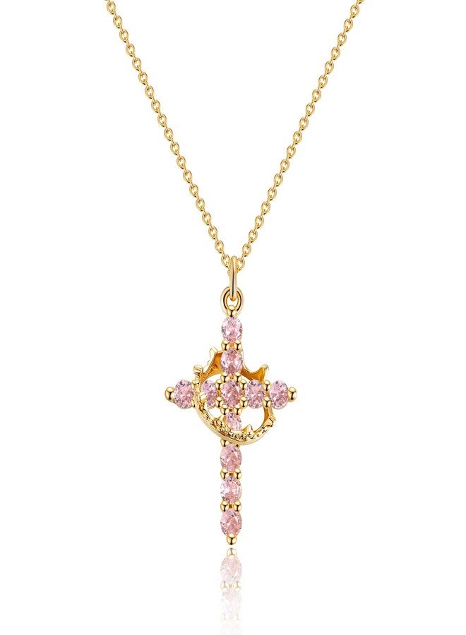 Robaice Upgraded Crown Cross Necklace for Women,14K Gold Plated & Silver Plated Crown Cross Pendant Necklace Diamond Cross Necklaces Faith Cross Jewelry First Communion Gifts, 12-Color Birthstone Necklaces - Image 1