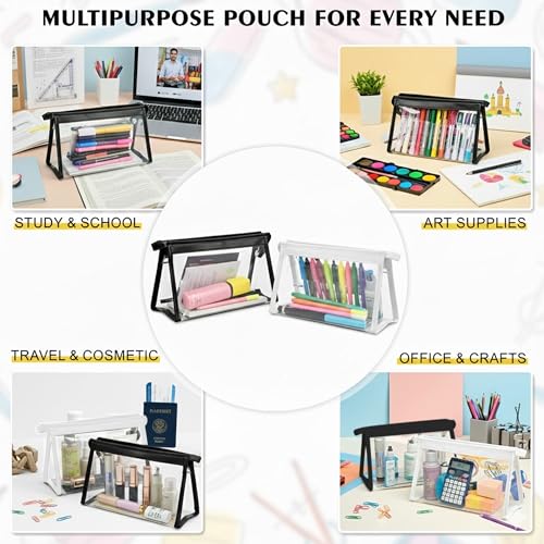 GLUN® Transparent Stationary Pouch with Zip Closing, Pack of 2 Black and White Unisex Pouch Organizer for School, Collage, Office, Multi-Purpose Pouch Pack of 2 - Image 2