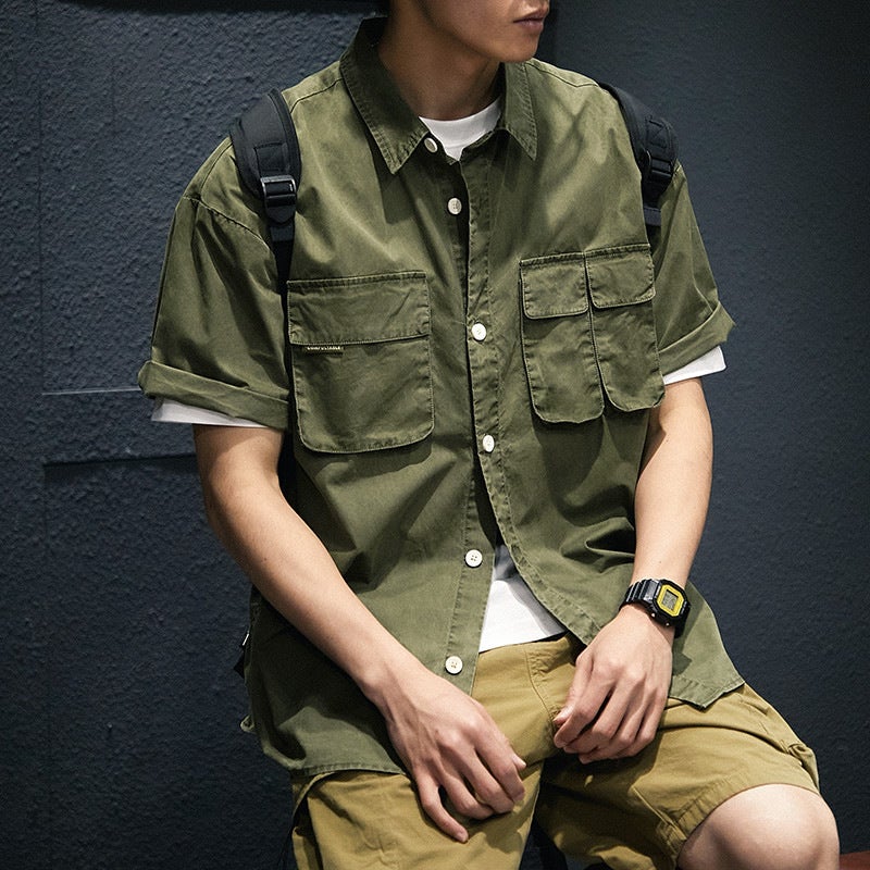 2023 Summer New Style Thin Short-sleeved Work Shirt Mens Loose Trendy Brand ins Shirt Pure Cotton Casual Jacket Trendy Green 