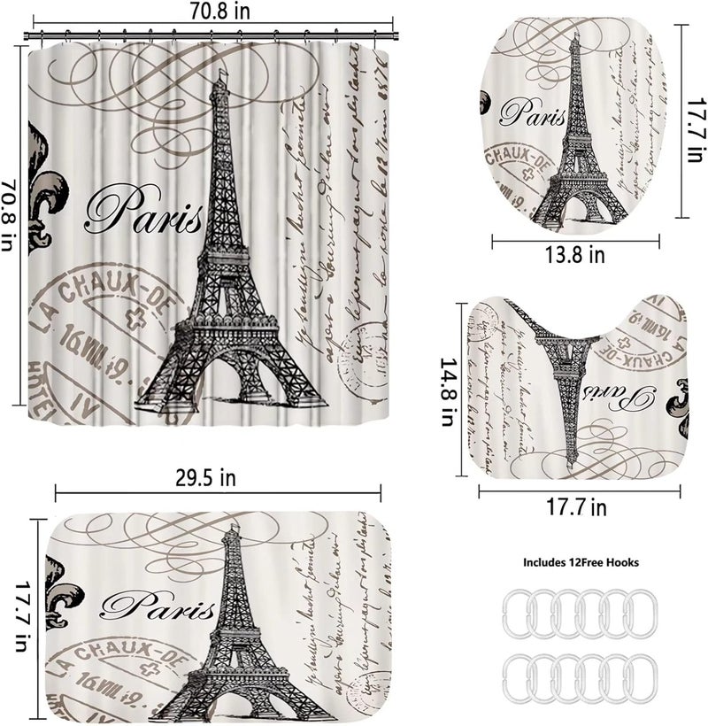 Chrainy 4Pcs Paris Eiffel Tower Shower Curtain Sets Bathroom Set Decor with Non-Slip Rugs Bath U-Shaped Mat Toilet Lid Cover Waterproof Vintage Word Art Bathroom Curtains Shower Set with 12 Hooks - Image 5