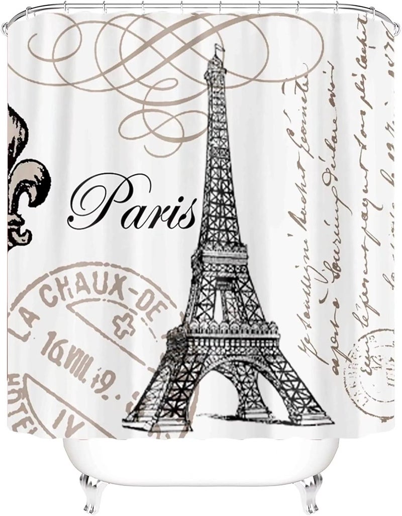 Chrainy 4Pcs Paris Eiffel Tower Shower Curtain Sets Bathroom Set Decor with Non-Slip Rugs Bath U-Shaped Mat Toilet Lid Cover Waterproof Vintage Word Art Bathroom Curtains Shower Set with 12 Hooks - Image 3