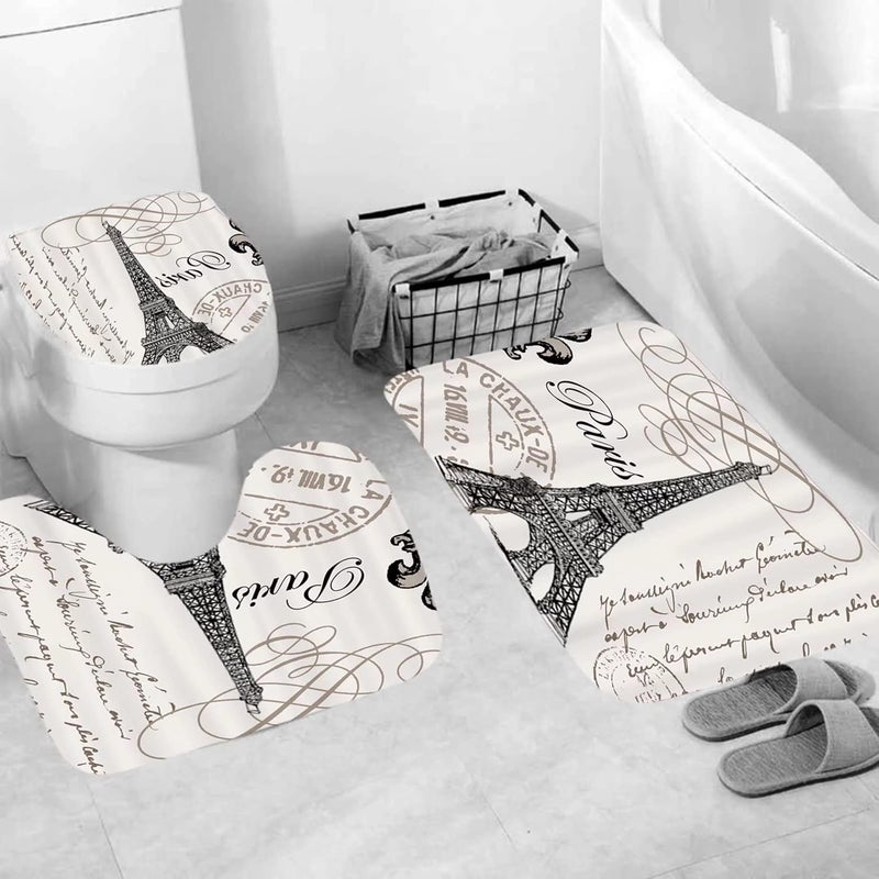 Chrainy 4Pcs Paris Eiffel Tower Shower Curtain Sets Bathroom Set Decor with Non-Slip Rugs Bath U-Shaped Mat Toilet Lid Cover Waterproof Vintage Word Art Bathroom Curtains Shower Set with 12 Hooks - Image 4