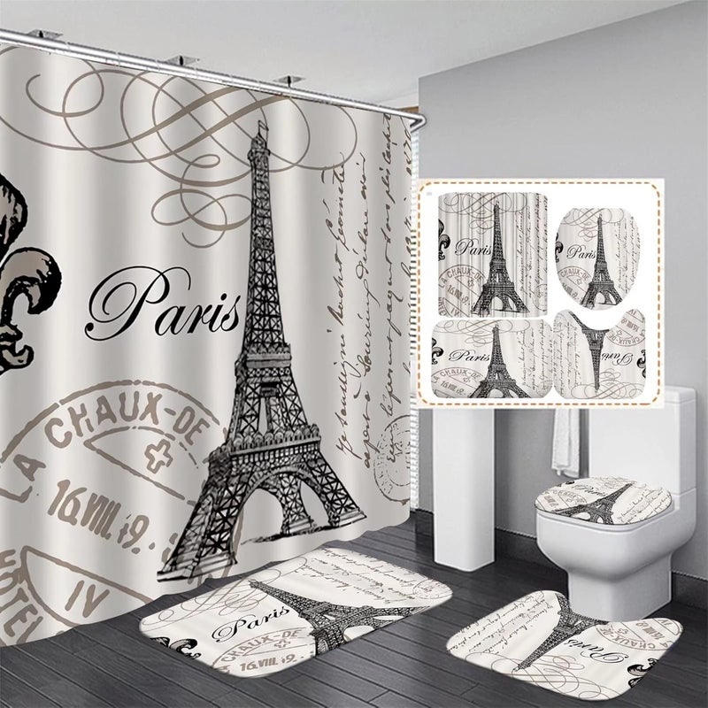 Chrainy 4Pcs Paris Eiffel Tower Shower Curtain Sets Bathroom Set Decor with Non-Slip Rugs Bath U-Shaped Mat Toilet Lid Cover Waterproof Vintage Word Art Bathroom Curtains Shower Set with 12 Hooks - Image 1