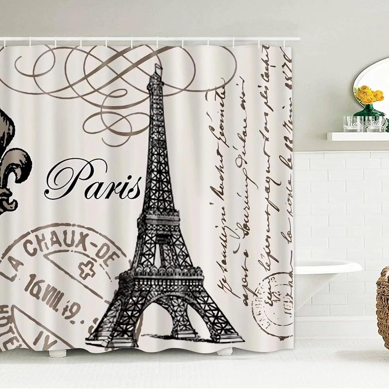 Chrainy 4Pcs Paris Eiffel Tower Shower Curtain Sets Bathroom Set Decor with Non-Slip Rugs Bath U-Shaped Mat Toilet Lid Cover Waterproof Vintage Word Art Bathroom Curtains Shower Set with 12 Hooks - Image 2