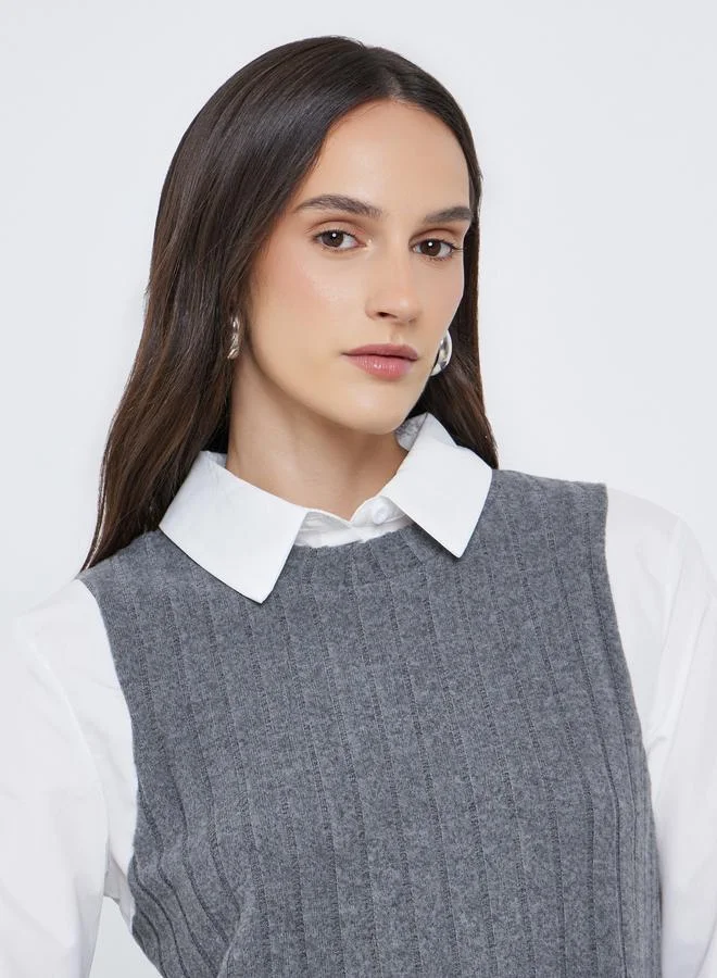 Styli Styli Women Charcoal Ribbed Overlay Shirt