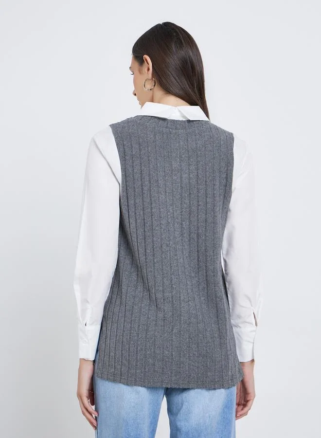 Styli Styli Women Charcoal Ribbed Overlay Shirt