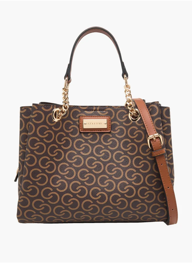 Celeste Monogram Print Tote Bag with Double Handles and Adjustable Strap