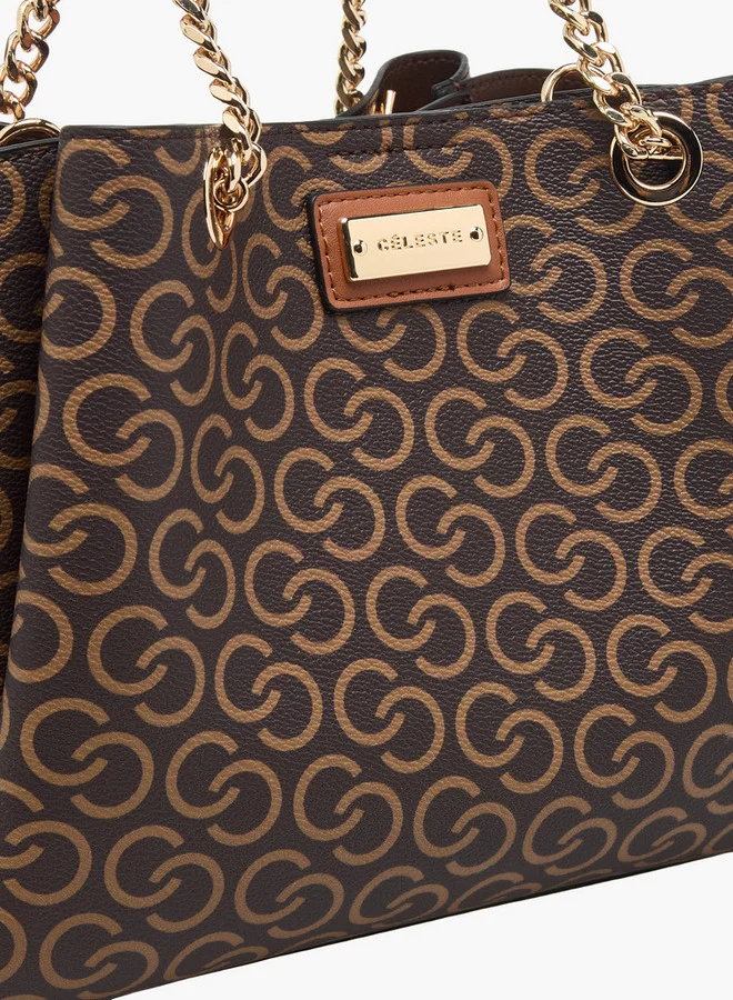 Celeste Monogram Print Tote Bag with Double Handles and Adjustable Strap