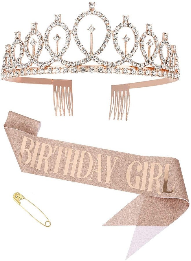 YONIMI Birthday Girl Sash And Crown - Pack of 2 Pcs Rose Gold Birthday Sash for Girls | Birthday Crowns for Girls | Crown for Women Queen - Image 1