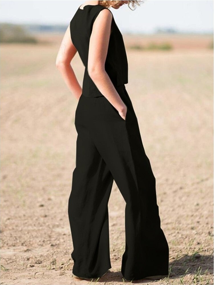 Barbora Linen Casual Sleeveless Top and Bottom Women's Set LN08SIYAH10  - Image 2