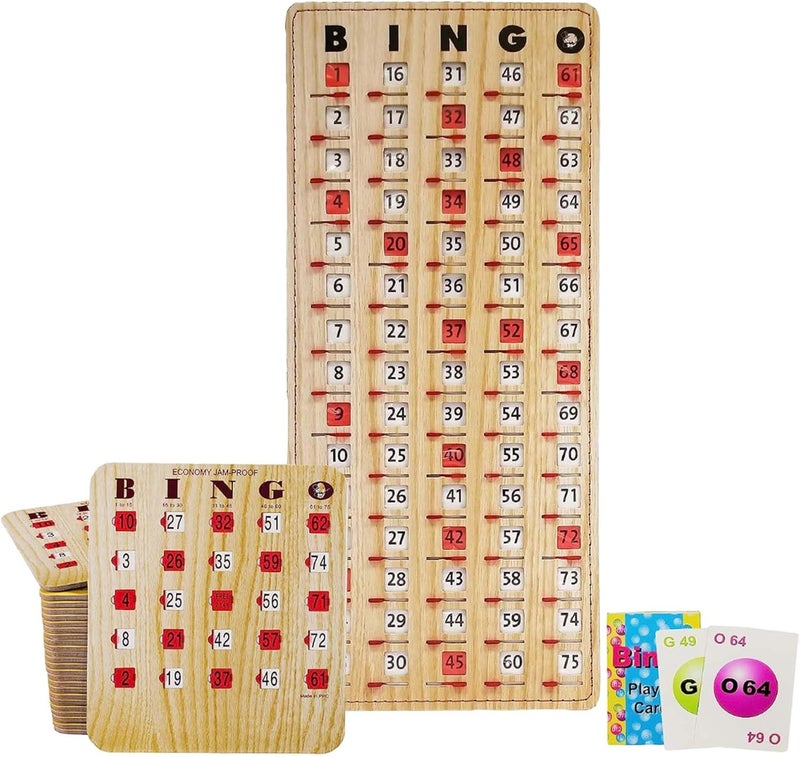 Mr Chips Jam-Proof Bingo Cards with Sliding Windows, 25 Reusable Shutter Cards, 75 Calling Cards 1 Master Board in Tan Woodgrain Style - Image 1
