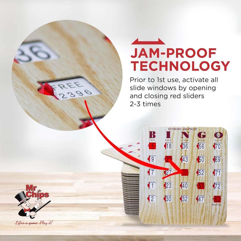Mr Chips Jam-Proof Bingo Cards with Sliding Windows, 25 Reusable Shutter Cards, 75 Calling Cards 1 Master Board in Tan Woodgrain Style - Image 3