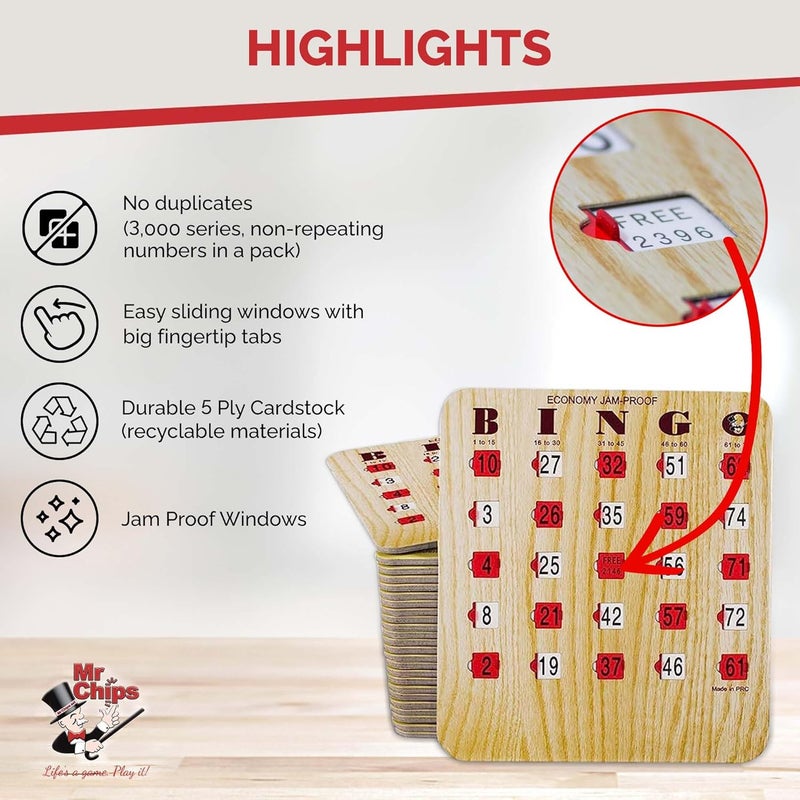 Mr Chips Jam-Proof Bingo Cards with Sliding Windows, 25 Reusable Shutter Cards, 75 Calling Cards 1 Master Board in Tan Woodgrain Style - Image 5