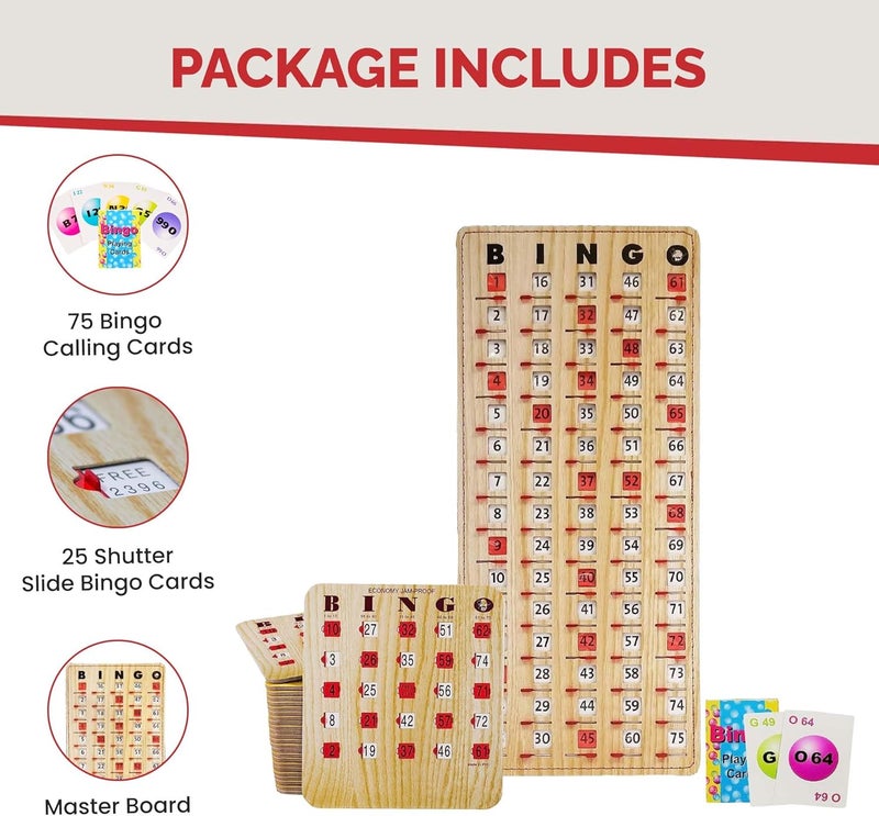 Mr Chips Jam-Proof Bingo Cards with Sliding Windows, 25 Reusable Shutter Cards, 75 Calling Cards 1 Master Board in Tan Woodgrain Style - Image 4