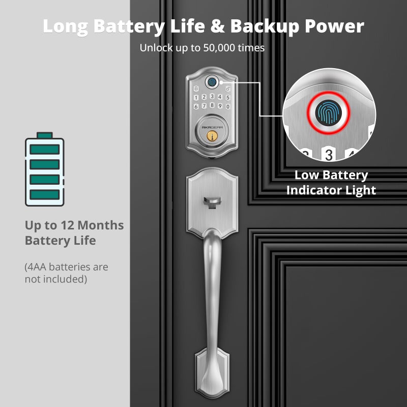 AkaGear DS10 Keyless Entry Door Lock with Handle Set - Fingerprint Door Locks, Electronic Keypad Deadbolt, Smart Locks for Front Door, Auto-Lock & One Touch Locking, Easy Installation - Satin Nickel - Image 4