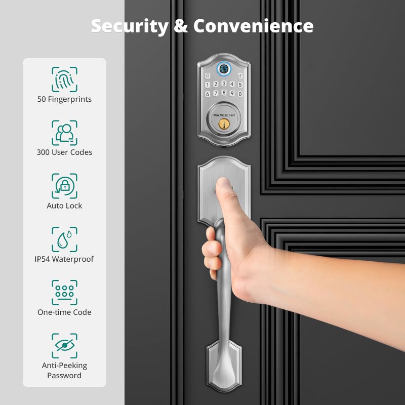 AkaGear DS10 Keyless Entry Door Lock with Handle Set - Fingerprint Door Locks, Electronic Keypad Deadbolt, Smart Locks for Front Door, Auto-Lock & One Touch Locking, Easy Installation - Satin Nickel - Image 3