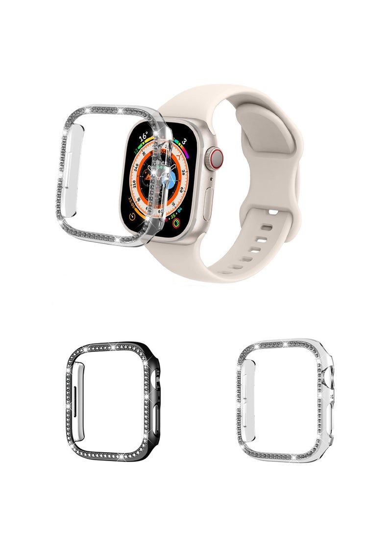 2 Pcs Apple Watch 10 46mm Case with Bling Crystal Diamonds Rhinestone Bumper Cover for Women Girl, hollow out,All-Around Bumper Compatible with iWatch 10 46mm Smart Watch (Clear+Black) - Image 1