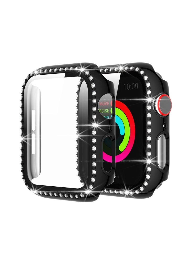 2 Pcs Apple Watch 10 46mm Case with Bling Crystal Diamonds Rhinestone Bumper Cover for Women Girl, hollow out,All-Around Bumper Compatible with iWatch 10 46mm Smart Watch (Clear+Black) - Image 3