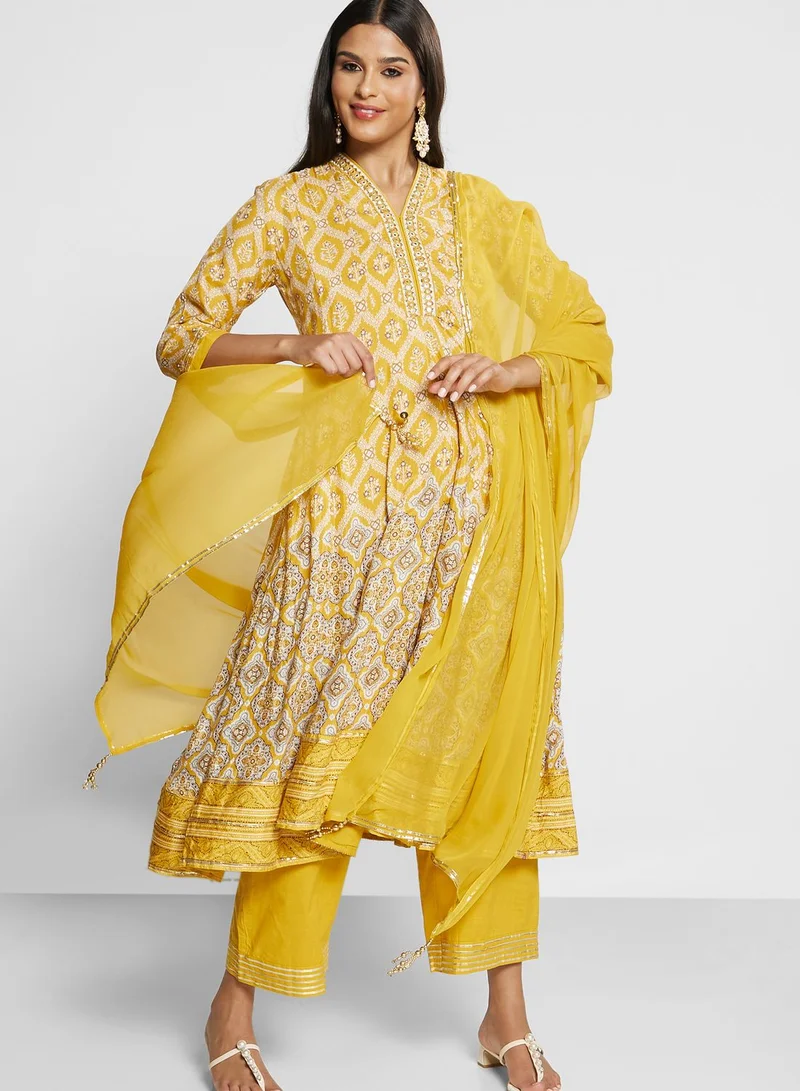 Biba Printed Kurti & Pant Set With Dupatta