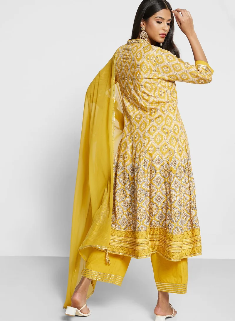 Biba Printed Kurti & Pant Set With Dupatta