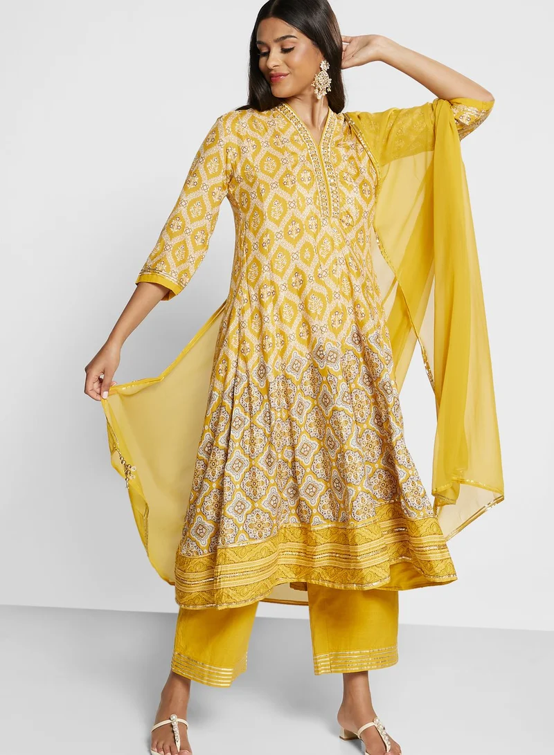 Biba Printed Kurti & Pant Set With Dupatta