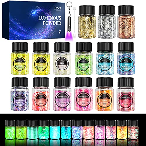 OSBANG Glow in The Dark Glitter 15 Jar 12 Colors Glow Glitter and 3 Colors Gold Foil Flakes High Luminous Glitter for Resin Crafts Cosmetic Nail Glowing Dye for DIY
