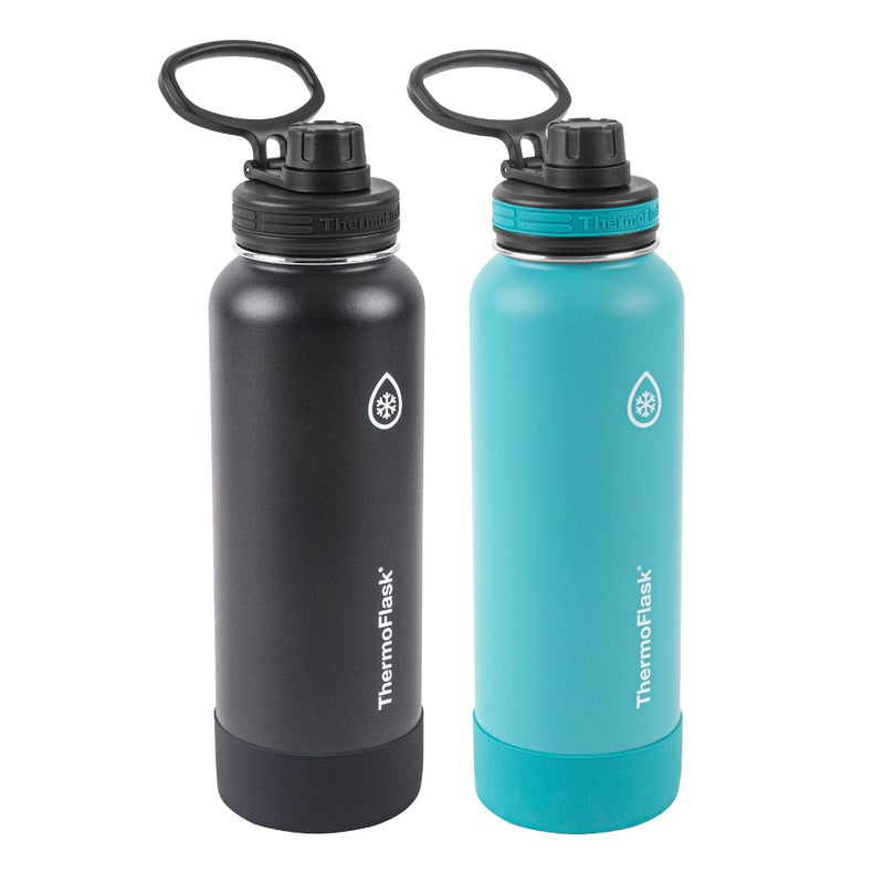 ThermoFlask 40 oz Bottle - Stainless Steel, Double-Wall Insulation & BPA-Free - Leakproof, Reusable with Spout Lid - Onyx Black/Splash (2 Pack) - Image 1