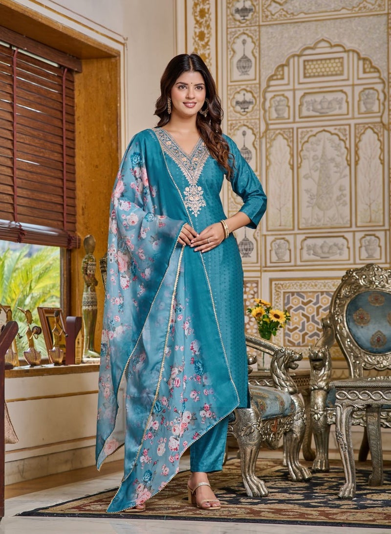 Women Chanderi Designer Kurta with Pant and heavy embroidery Dupatta Set  - Image 1