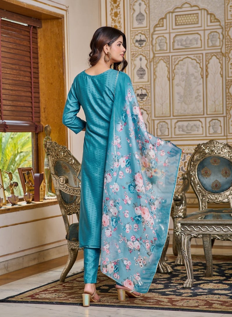 Women Chanderi Designer Kurta with Pant and heavy embroidery Dupatta Set  - Image 2