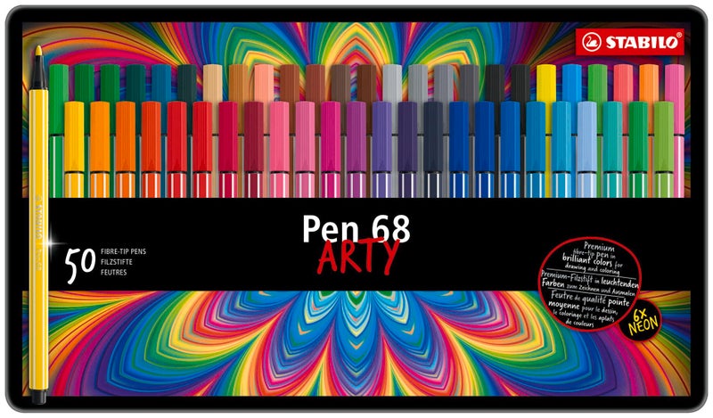 STABILO Premium Fiber-Tip Pen Pen 68 - Tin of 50 - Assorted Colors, Coloring Felt Tip Marker, Fine Point, 1mm Tip - Image 2