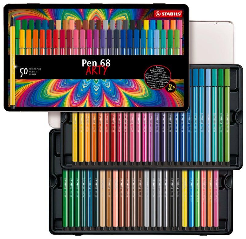 STABILO Premium Fiber-Tip Pen Pen 68 - Tin of 50 - Assorted Colors, Coloring Felt Tip Marker, Fine Point, 1mm Tip - Image 1