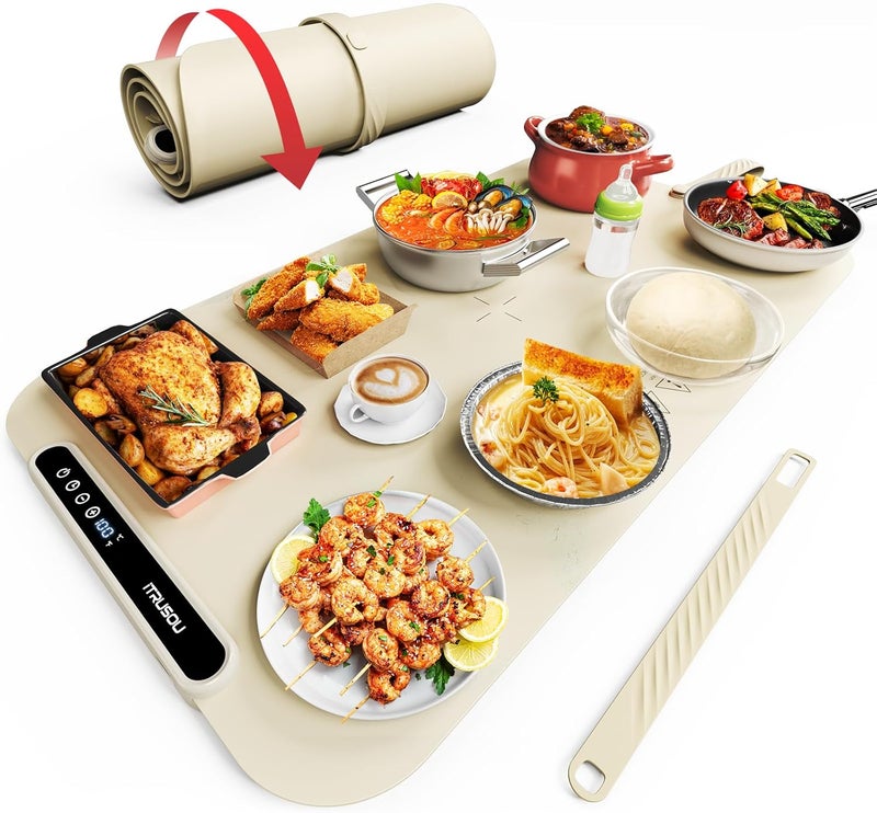 itrusou Food Warming Mat, 27.5x16'' Electric Warming Tray with 7 Temp-Settings, 1-99h Flexible Timer, Switchable °F/°C, Rollable Food Warmer Keep Food Warm at Buffet, Party, Sabbath, Daily Use - Image 1