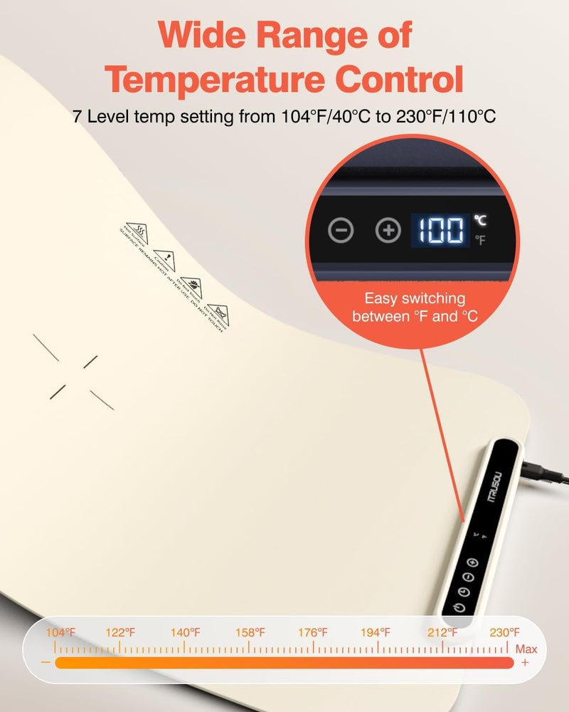itrusou Food Warming Mat, 27.5x16'' Electric Warming Tray with 7 Temp-Settings, 1-99h Flexible Timer, Switchable °F/°C, Rollable Food Warmer Keep Food Warm at Buffet, Party, Sabbath, Daily Use - Image 3