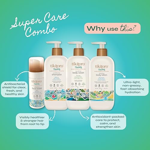 Tikitoro Teens Natural Bath Set Combo: Offer Pack - 300ml x 3 & 100ml x 1, Nourishing Body Wash, Conditioning Shampoo, Refreshing Face Wash & Hydrating Body Lotion. 100% Vegan, Age: 11 + Years. - Image 2