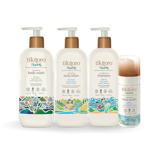 Tikitoro Teens Natural Bath Set Combo: Offer Pack - 300ml x 3 & 100ml x 1, Nourishing Body Wash, Conditioning Shampoo, Refreshing Face Wash & Hydrating Body Lotion. 100% Vegan, Age: 11 + Years. - Image 1