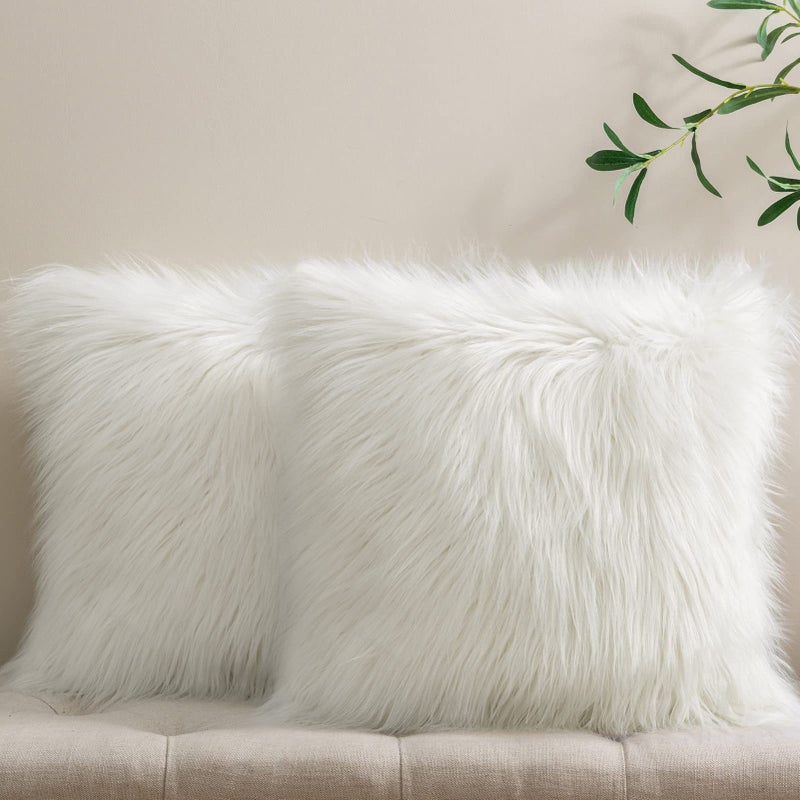 Phantoscope Pack of 2 Faux Fur Solid Throw Decorative Pillow Cover Cushion Covers Luxury Soft Halloween Decorative Pillowcase Fuzzy Pillow Covers for Bed/Couch, Cream White 18 x 18 Inches - Image 1