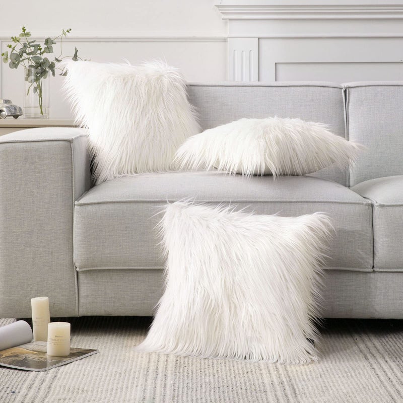 Phantoscope Pack of 2 Faux Fur Solid Throw Decorative Pillow Cover Cushion Covers Luxury Soft Halloween Decorative Pillowcase Fuzzy Pillow Covers for Bed/Couch, Cream White 18 x 18 Inches - Image 5