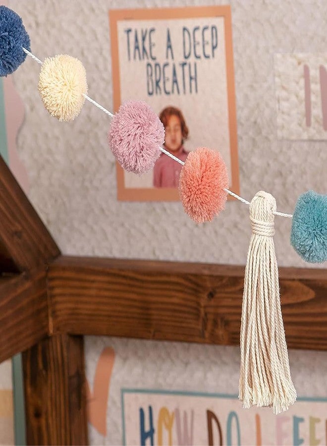 Fkereg Pom Pom Garland for Classroom Boho, 74.8 Inch 16 Felt Ball Bulletin Board Garland, Colorful Yarn Tassel Banner Garland, Hanging String Decorations for Party Desk Nursery Wall Decor (Blue & Yellow) - Image 4