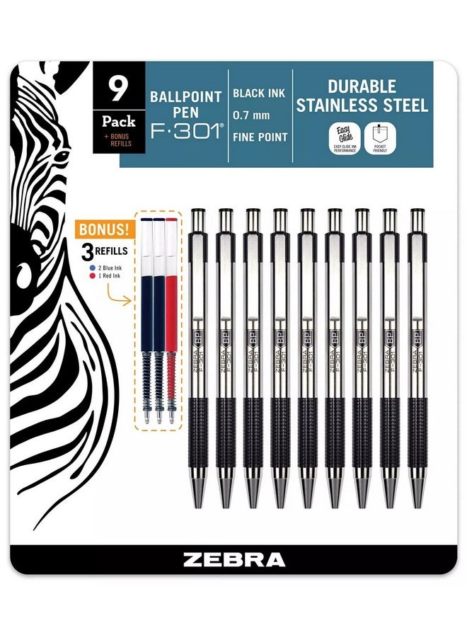 ZEBRA ZEBRA F-301 Ballpoint Retractable Pen, Black Ink, Fine Point Tip, 9 Pens per Pack Refillable Pens with Refill 0.7 mm Stainless Steel  - Image 1