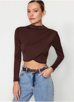 trendyol Dark Brown High Collar Draped Crop Blouse TWOAW24BZ00164  - Image 1