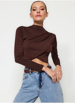 trendyol Dark Brown High Collar Draped Crop Blouse TWOAW24BZ00164  - Image 2