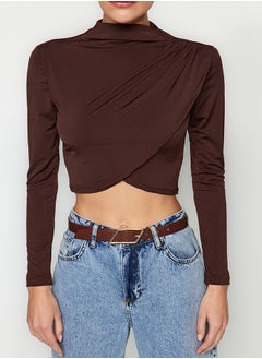 trendyol Dark Brown High Collar Draped Crop Blouse TWOAW24BZ00164  - Image 4