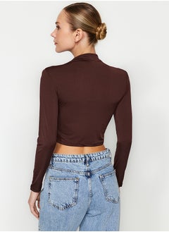 trendyol Dark Brown High Collar Draped Crop Blouse TWOAW24BZ00164  - Image 5