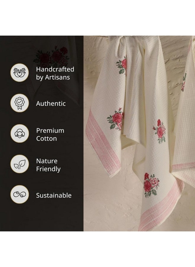 Peepul Tree Block Printed Hand and Bath Towels, Super Absorbent, Soft & Faster Drying, Floral Printed 100% Pure Cotton, 240 GSM (1 Bath Towel, Off-White & Pink Roses) - Image 5