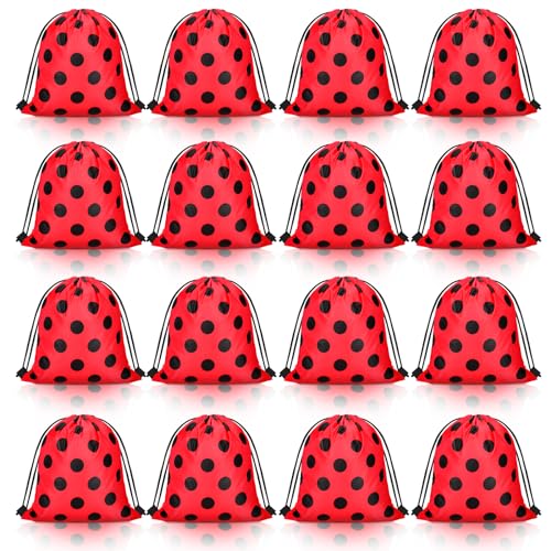 Woanger 16 Pcs Ladybug Party Drawstring Bags Ladybug Party Favors Red Black Polka Dots Candy Goodie Gift Bags for Birthday Supplies - Image 1