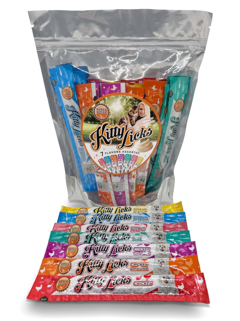 Rena's Recipe Kitty Licks Lickable Cat Treats Variety Pack 28 Tubes Creamy Cat Treat PurÃ©e 7 Flavors Tuna Chicken Grain Free Cat Squeeze Treats - Image 1