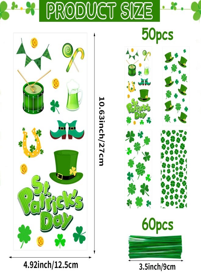 ZYLOP St. Patricks Cellophane Treat Bags – 50 Pack Green Shamrock Goodie Gift Bags with Twist Ties, 5×11 Inch Clear St. Patricks Candy Cookie Bags for St. Patrick Day Irish Party, Classroom, Holiday Favors - Image 2