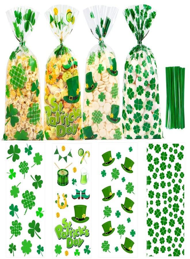 ZYLOP St. Patricks Cellophane Treat Bags – 50 Pack Green Shamrock Goodie Gift Bags with Twist Ties, 5×11 Inch Clear St. Patricks Candy Cookie Bags for St. Patrick Day Irish Party, Classroom, Holiday Favors - Image 1